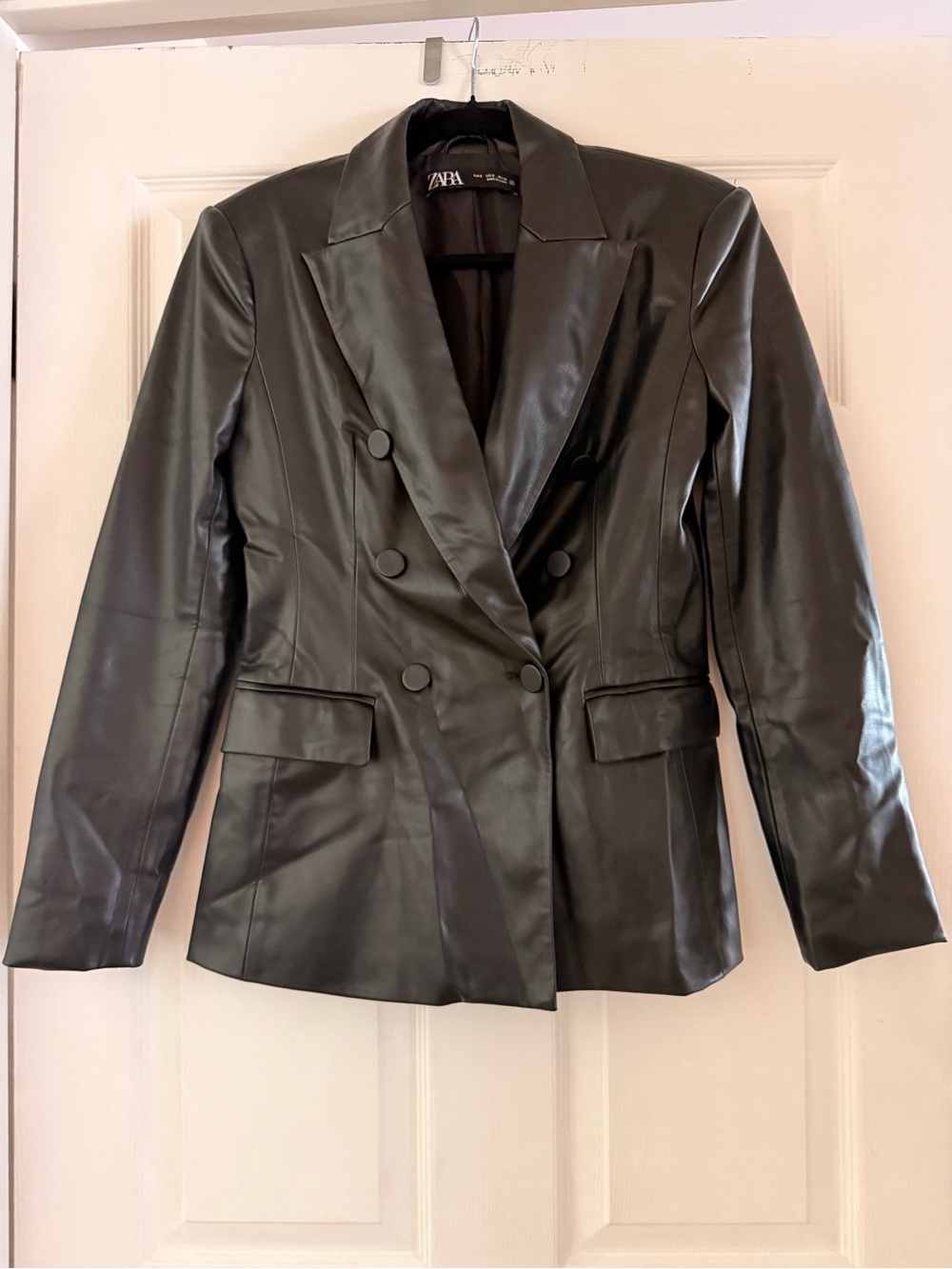 Zara - Faux Leather Double-Breasted Blazer - Black - Size S